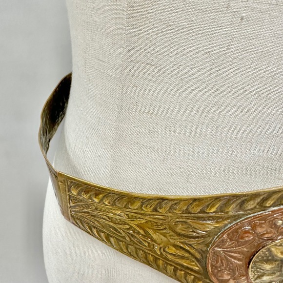 Vintage Brass & Copper Etched Metal Belt  Red Cabochon Centerpiece Made in India main image 4